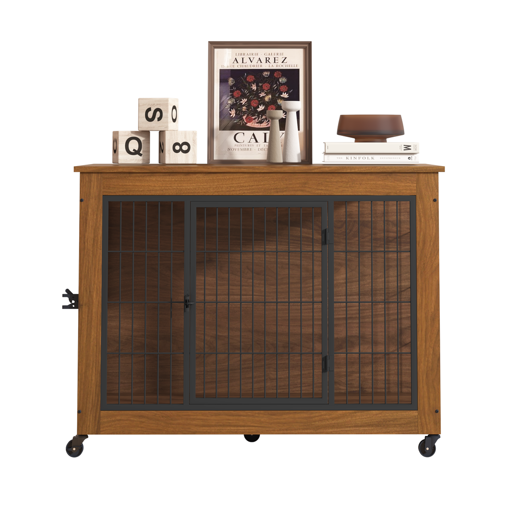 Heavy Duty Wooden Dog Crate Furniture with Wheels– Indoor Pet Kennel